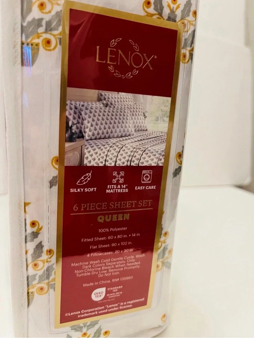 Lenox Queen Size 6 Piece Sheet Set Christmas Trees White Yellow Gray Green Red